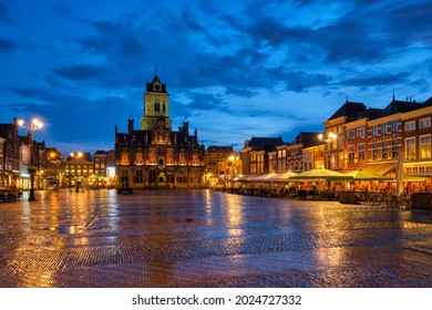 Delft City Hall and Delft Market Square Markt in the evening. Delfth, Netherlands