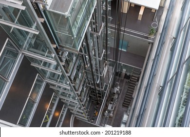 DELFT, THE NETHERLANDS - JUN 24: Looking downwards in an open elevator shaft of an office building from the dutch governmental organization "Rijkswaterstaat" on June 24, 2014 in Delft, the Netherlands