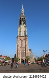 Delft, the Netherlands - October 2021: the New Church at market square in historic city center Delft