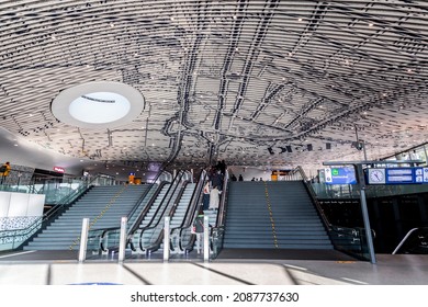 Delft, Netherlands - October 9, 2021: Interior view from Delft Central Station. The modern and spacious building is the main transportation hub of Delft.