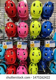 Delhi, 2019: Colorful Cycle Helmet Displayed For Sale In A Sports Gear Outlet In Delhi NCR. Decathlon Is One Of The Upcoming Sports Gear Store Known For Its Product Quality And Economical Price