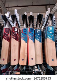 Delhi, 2019: Multiple Hanging Cricket Bat For Display And Sale At A Huge Sports Equipment Store. Decathlon Is A Upcoming Sports Gear Store Known For It's Quality And Economical Price