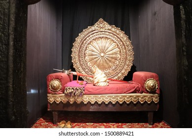 Delhi,  Delhi/India- September 10 2019: Historical Throne Of Emperor. Decorated Vintage Furniture Or Seat.