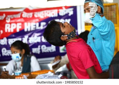 Delhi, India - 06-02-2021 - A Medical Worker Takes A Swab Sample  For A Reverse Transcription Polymerase Chain Reaction (RT-PCR) Test For Covid-19 During Random Testing At Railway Station In Delhi.