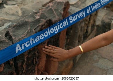 Delhi, India - 09 November 2021, Picture Of Caution Tape Of  'Archaeological Survey Of India' At A Historical Monument. UNESCO, World Heritage, History, Ancient, Culture, Tradition, Architecture.