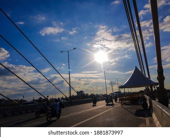 Delhi - India - 10 December, 2020 : Signature Bridge is a cantilever spar cable-stayed bridge which spans the Yamuna river at Wazirabad section, connecting Wazirabad to East Delhi. - Shutterstock ID 1881873997