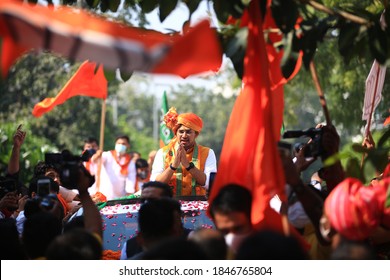 Delhi, India - 10/19/2020 - BJP MP Tejasvi Surya Holding A Roadshow Before Proceeding To BJP Headquarters To Assume Charge As Bhartiya Janta Yuva Morcha National President In New Delhi.