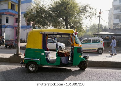 Delhi, India - 16 March 2019: Capture A Tuk Tuk Parking At The Street Side.