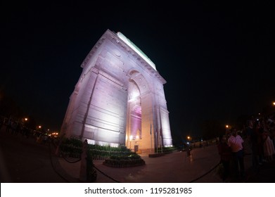 Delhi, India - 18th Aug 2018: People Roaming Around The Famous Monument Of India Gate At Night. Shot With A Fisheye This Showcases The Beautiful Lights Of This Picnic Spot And Landmark