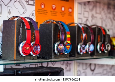 Delhi, India 2019: Designer Headphones Kept For Display In A Shop At Comic Con Festival In Delhi. These Trendy Headphones  Are For Sale
