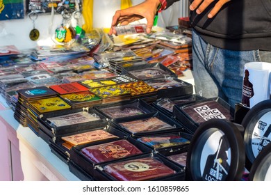 Delhi, India 2019: Temporary Shops In A Carnival At Comic Con Festival In New Delhi. Stylish Fridge Magnets, Wallets And Other Souvenirs Can Be Seen 