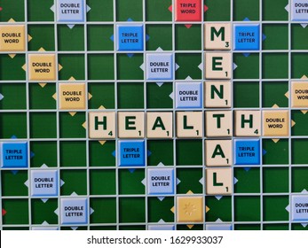 Delhi, India : 2020
Scrabble Tiles Used To Spell The Words Mental Health On The Game Board.
Scrabble Is Owned By The Toy Company Mattel