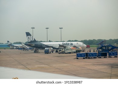 Delhi, India,  25th July 2013: Grounded Goair Airbus A320 At Delhi Airport