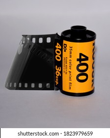 Delhi - India
27th Sept 2020
Old Kodak Gold Iso 100 35mm Analogue Camera Film Roll Or Canister Isolated On A Grey Background. 