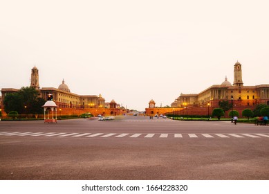 Delhi, India. Illuminated Rashtrapati Bhavan An Parliament Building In Delhi, India