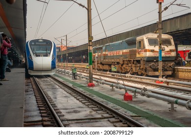 Delhi, India- Jan 2 2019: Vande Bharat Train Parked At New Delhi Railway Station, A Newly Launched Modern Train By Indian Railways. It Is A Most Preferred Train For Travelling, Fastest Train In India.