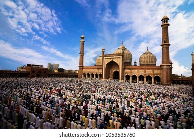 Delhi, India - July 07 2016: People offering prayers on the Eid morning at famous mosque Jama Masjid in Delhi