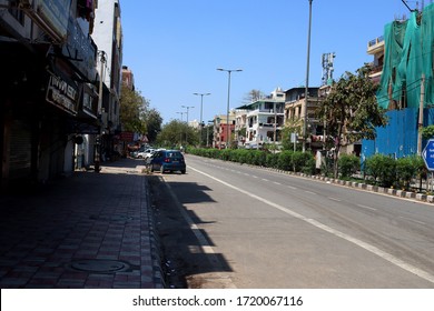 Delhi, India, March 28, 2020 : Image Of A Empty Road No Man Because Of Public Curfew Or Lockdown In India. Empty City Road During Coronavirus Pandemic, India. 