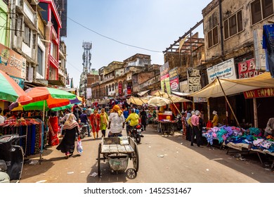 DELHI, INDIA - May 15 2019: Chaotic Traffic In Old Delhi Chandni Chowk Market, Street With People And Traffic In  Delhi , India.