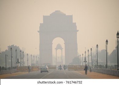Delhi, India - November 21, 2017: India gate covered in heavy smog.