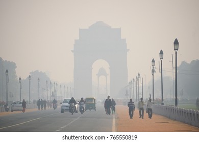 Delhi, India - November 21, 2017: India Gate Covered In Heavy Smog.