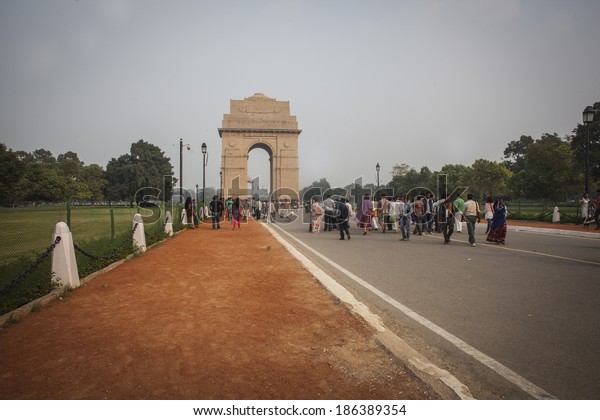 DELHI, INDIA - OCT 10: View on Rajpath boulevard to\
India gate on October 10,2013 in Delhi, India. Rajpath is the\
ceremonial boulevard in New Delhi. Parades takes place here for\
India Republic day. 