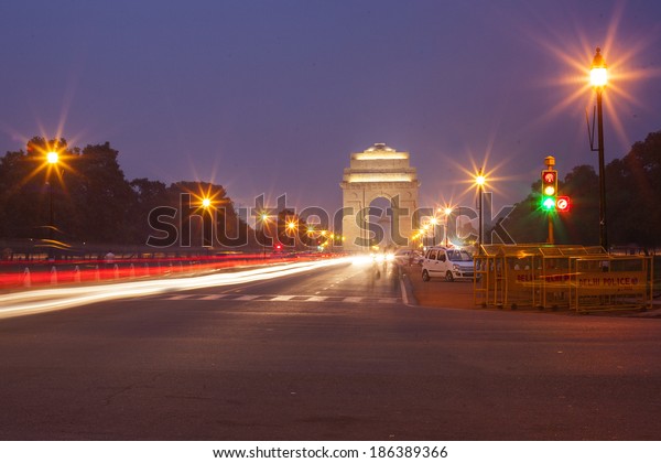 DELHI, INDIA - OCT 10: View on Rajpath boulevard to\
India gate on October 10,2013 in Delhi, India. Rajpath is the\
ceremonial boulevard in New Delhi. Parades takes place here for\
India Republic day.