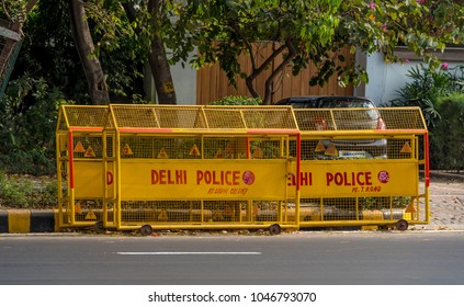 Delhi India Police Barricades At The Side Of The Road