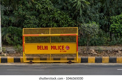 Delhi India Police Traffic Barricades On The Side Of The Road