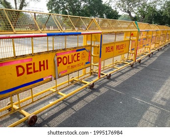 Delhi Police Barricades Stand On The Road.