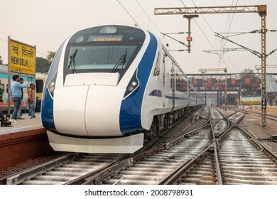 Delhi,India- Jan 2 2019: Vande Bharat Train Parked At New Delhi Railway Station, A Newly Launched Modern Train By Indian Railways. It Is A Most Preferred Train For Travelling, Fastest Train In India. 