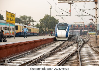 Delhi,India- Jan 2 2019: Vande Bharat Train Parked At New Delhi Railway Station, A Newly Launched Modern Train By Indian Railways. It Is A Most Preferred Train For Travelling, Fastest Train In India. 