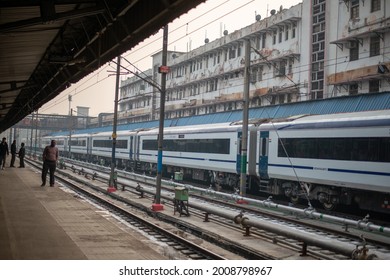 Delhi,India- Jan 2 2019: Vande Bharat Train Parked At New Delhi Railway Station, A Newly Launched Modern Train By Indian Railways. It Is A Most Preferred Train For Travelling, Fastest Train In India. 