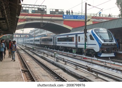 Delhi,India- Jan 2 2019: Vande Bharat Train Parked At New Delhi Railway Station, A Newly Launched Modern Train By Indian Railways. It Is A Most Preferred Train For Travelling, Fastest Train In India. 