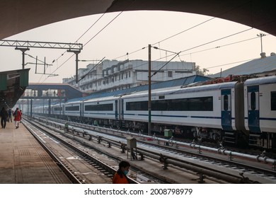 Delhi,India- Jan 2 2019: Vande Bharat Train Parked At New Delhi Railway Station, A Newly Launched Modern Train By Indian Railways. It Is A Most Preferred Train For Travelling, Fastest Train In India. 