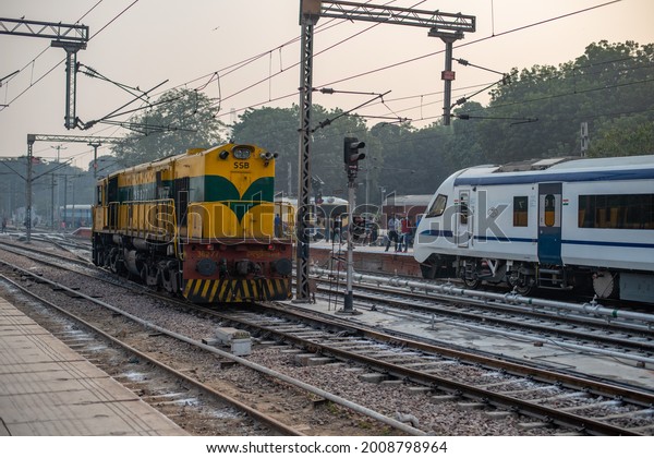 Delhi,India- Jan 2 2019:\
yellow shunter Diesel locomotive changing rail track near new delhi\
railway station, 