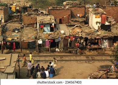 DELHI,INDIA - November 13,2014 : Ghetto and slums in Delhi India.These unidentified people live in  avery  difficult conditions on the ghettos of the city.