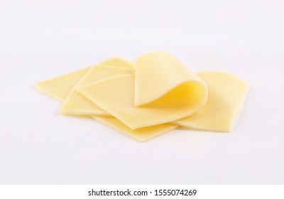 Deli Cheddar, Gouda, Emmental Cheese Slices On White Background