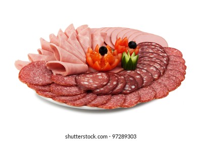 Deli Meat On Plate On White Background