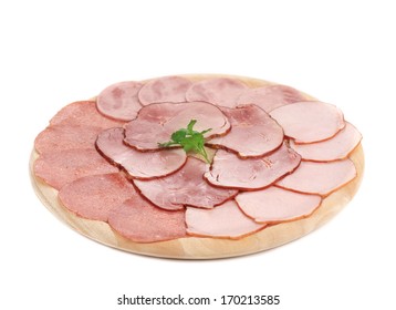 Deli Meat On Wooden Platter. Isolated On A White Background.