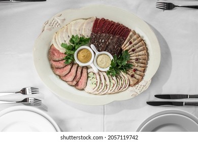 Deli Meat Platter Snack Various Cold Cuts With Mustard And Horse Radish On The Table Top View