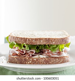 Deli Meat Sandwich With Ham, Lettuce And Mayo With Copy Space Composition