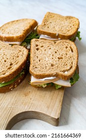 Deli Meat Sandwich With Turkey Close Up Shot With Selective Focus And Toast Bread.