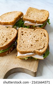 Deli Meat Sandwich With Turkey Close Up Shot With Selective Focus And Toast Bread.