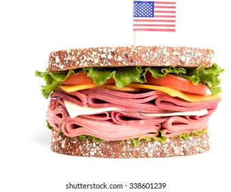 Deli Sandwich On Multi-grain Bread With American Flag - Isolated