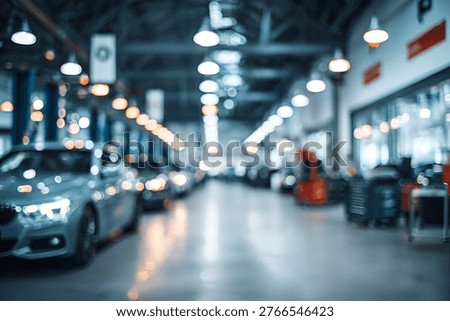 A deliberately blurred image capturing the expansive interior of a contemporary car service center, showcasing rows of vehicles and the bright, artificial lighting that illuminates the space, creatin.