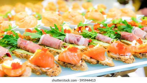 Delicacies And Snacks In The Buffet. Seafood. A Gala Reception. Banquet. Catering.