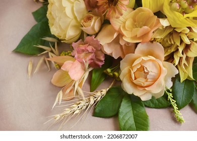 Delicate Blossoming Orange And Yellow Rose Flowers, Blooming Festive Fall Frame Background, Autumn Bouquet Floral Card, Selective Focus, Shallow DOF