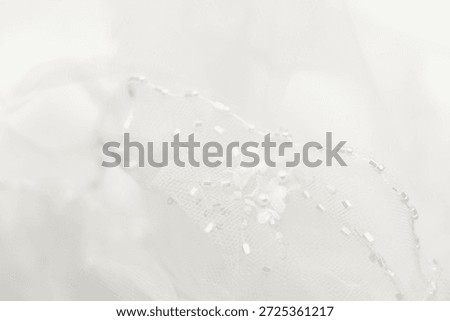 Delicate cloud white dancer tulle background. Blurred wedding veil with beads. Demonstrating color, trend 2026 year.