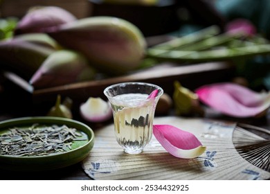 A delicate glass with a pale, clear liquid, accompanied by vibrant pink petals on a rustic wooden surface. - Powered by Shutterstock